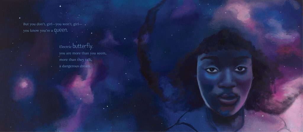 An interior spread from Black Girl Rising, written by Brynne Barnes and illustrated by Tatyana Fazlalizadeh showing a young Black woman's face in shades of deep blue and purple against an abstract background of deep pink and blue-black shades resembling images of space.