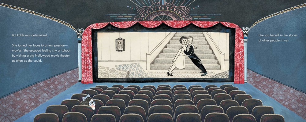 An interior image from Dressing Up the Stars, by Jeanne Walker Harvey and illustrated by Diane Toledano, showing young Edith Head in a cinema watching glamorous stars in a film.