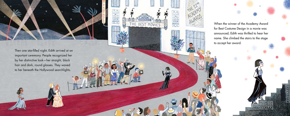 An interior image from Dressing Up the Stars, by Jeanne Walker Harvey and illustrated by Diane Toledano, showing Edith Head as ad adult walking up a red carpet at a movie premiere.
