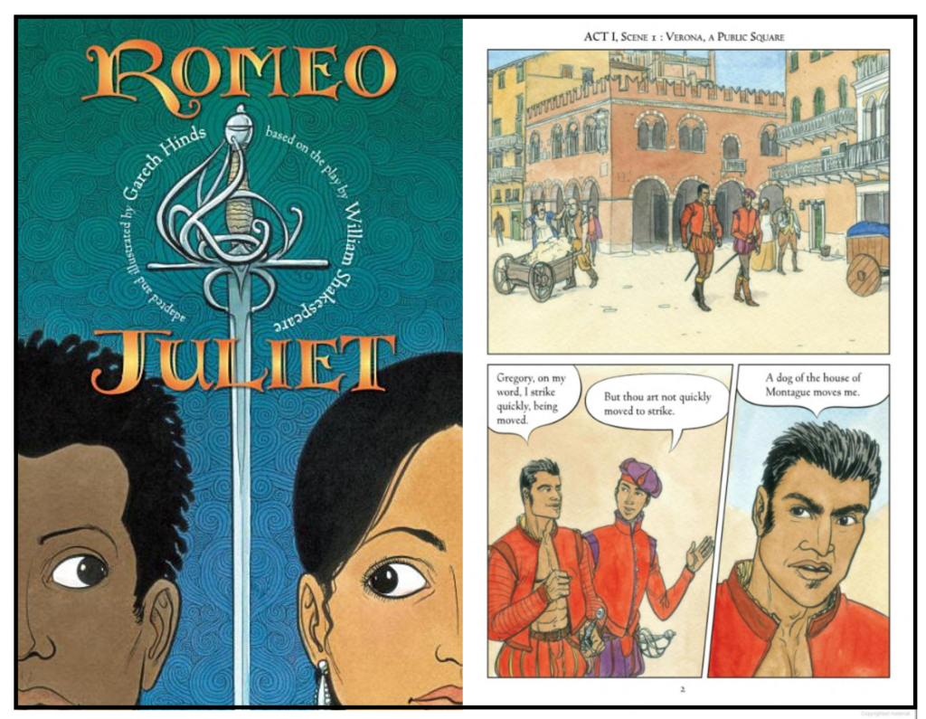 Book cover for Romeo and Juliet graphic novel adaptation by Gareth Hinds and a page preview of the graphic novel depiction of Act 1, Scene 1. 