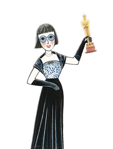 An image from Dressing Up the Stars showing Edith Head holding an Oscar.