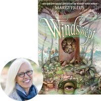 Margi Preus and the cover of Windswept