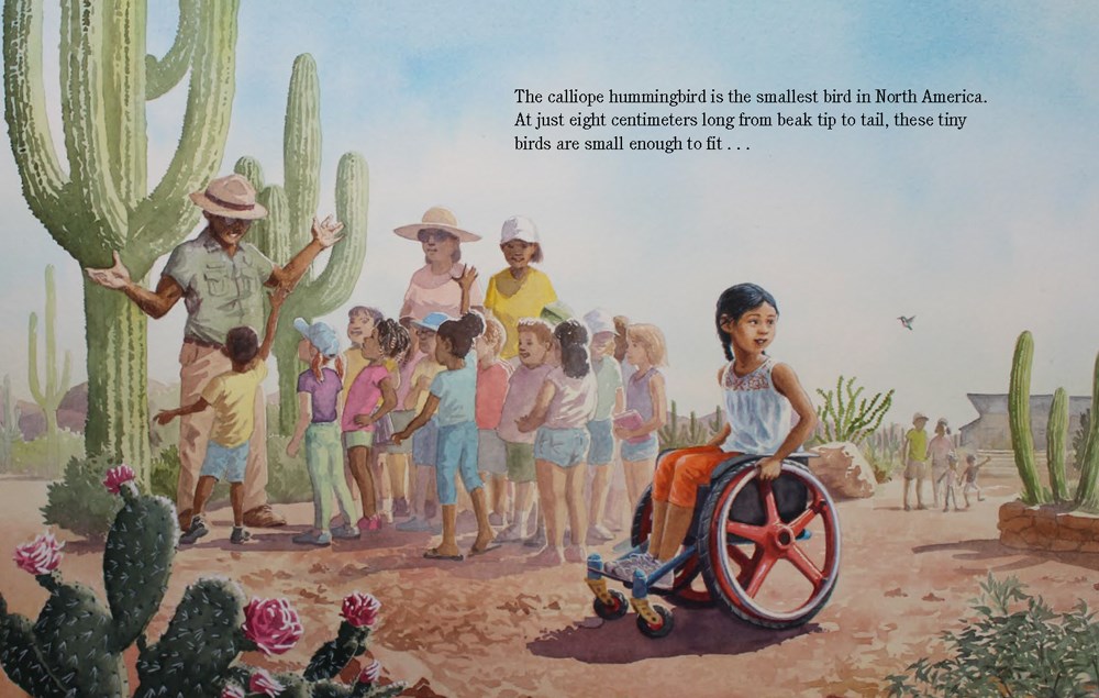 An interior image from  The Universe in You, written and illustrated by Jason Chin, showing a group of young students on a field trip to an outdoor desert museum. At the righthand side, a young girl in a wheelchair looks at the cactuses in the landscape.