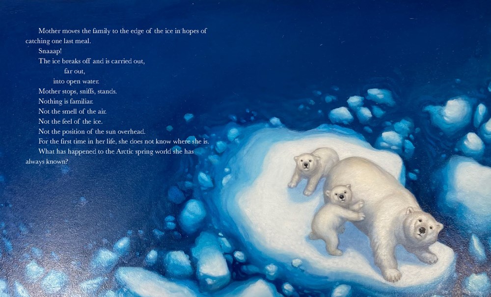 An interior spread from Polar Bear, written by Candace Fleming and illustrated by Eric Rohmann, showing an aerial view of a mother polar bear and two cubs on a small patch of ice surrounded by blue ocean.