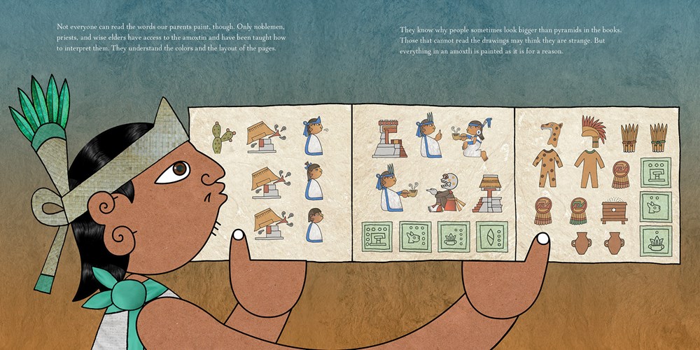 An interior image from A Land of Books, written and illustrated by Duncan Tonatiuh, showing a Mexihcah man holding open a codice depicting stories told through Mexicah artwork.