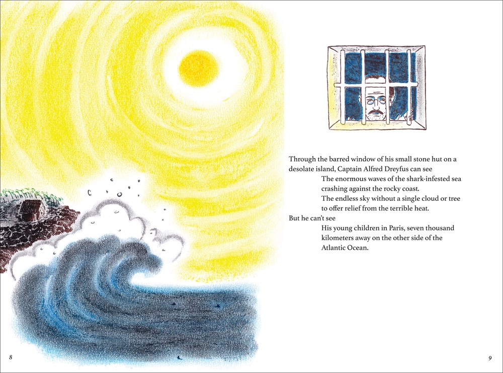 An interior spread from The Prisoner and the Writer, illustrated by Sophie Casson. On the left, an illustration shows a blazing sun over a sea coast; on the right, a small image of man's face behind prison window bars appears above lines of  free verse text.