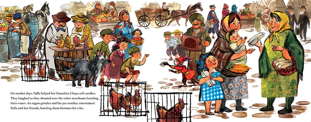 An interior spread from The Tower of Life, written by Chana Stiefel and illustrated Susan Gal, showing a busy Polish market town in the early twentieth century.