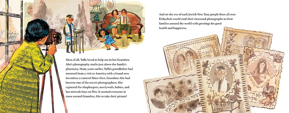 An interior spread from The Tower of Life, written by Chana Stiefel and illustrated Susan Gal, showing a woman photographing a young family with an old-fashioned box camera. On the right-hand page are illustrations of old photographs of the town's inhabitants.