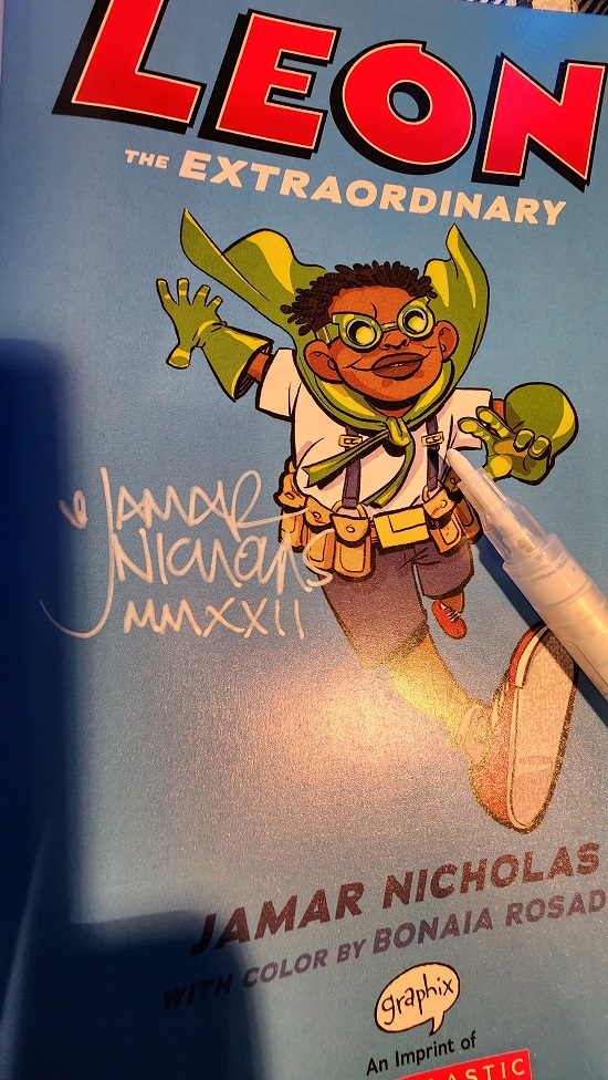 The title page of Leon the Extraordinary, signed by the author and illustrator, Jamar Nicholas.