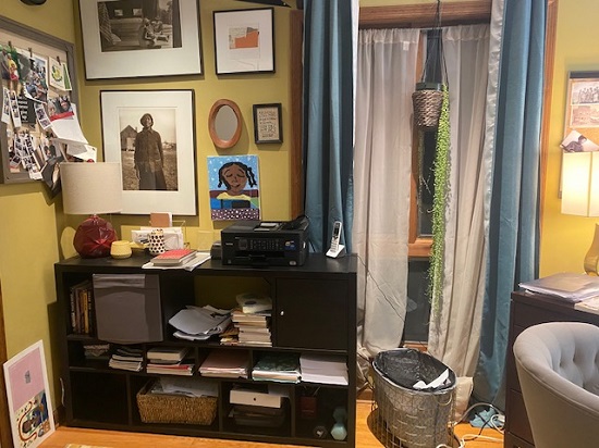 Lesa Cline-Ransome's office, with bookshelves and art on the walls.