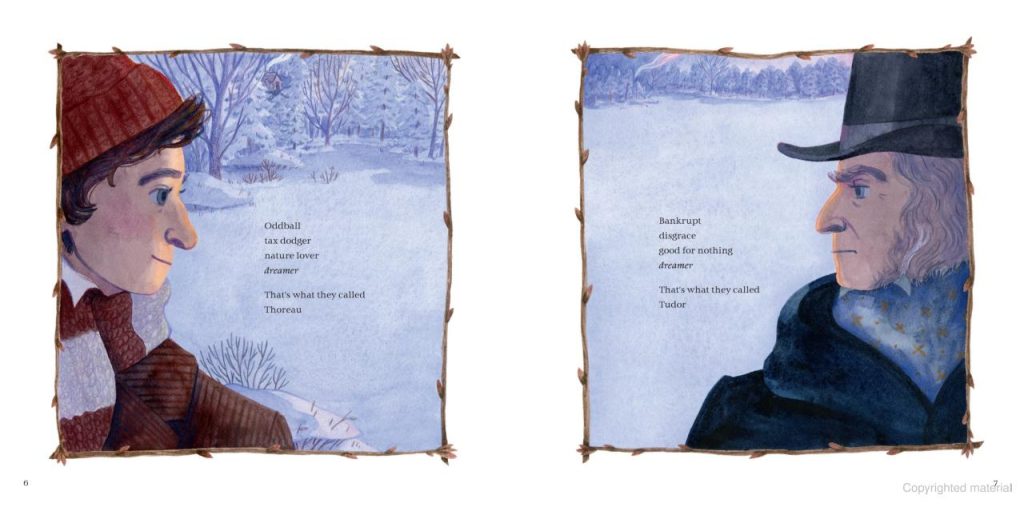 An interior spread from Of Walden Pond showing a portrait of Henry David Thoreau on the left-hand side and of Frederic Tudor on the right.