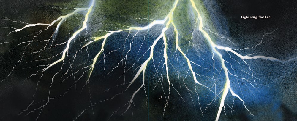 An interior spread from The Science of Light showing lightening cutting across a dark sky.