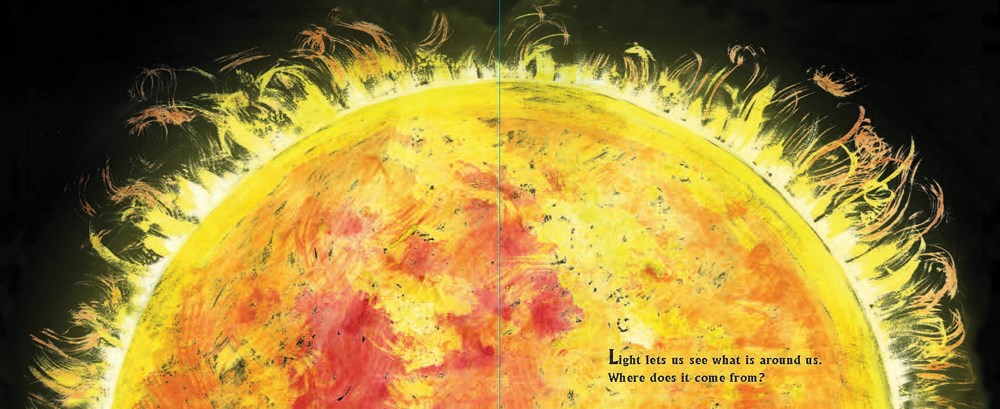 An interior spread from The Science of Light showing a glowing sun with flames leaping off the surface.