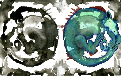 An example of an inkblot picture that Margaret Peot created. On the left is the ink blot; on the right, she has turned the image into a dragon.