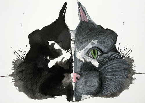 An example of an inkblot picture that Margaret Peot created. On the left is the ink blot; on the right, she has turned the image into a cat.