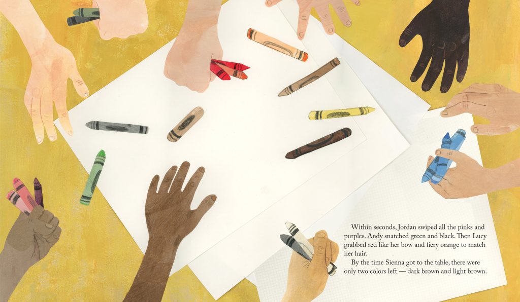 An interior image from The Last Two Crayons showing children's hands of many different skin tones reaching for crayons of different colors on a table.