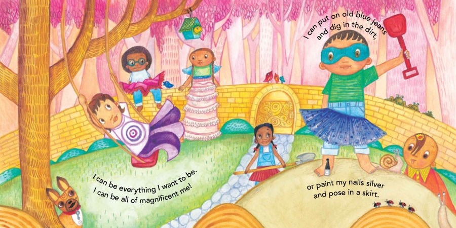 An interior spread from I Can Be…Me!, written by Lesléa Newman and illustrated by Maya Christina Gonzalez, showing a group of gender-fluid kids of various skin tones playing happily in a bright, pink forest.