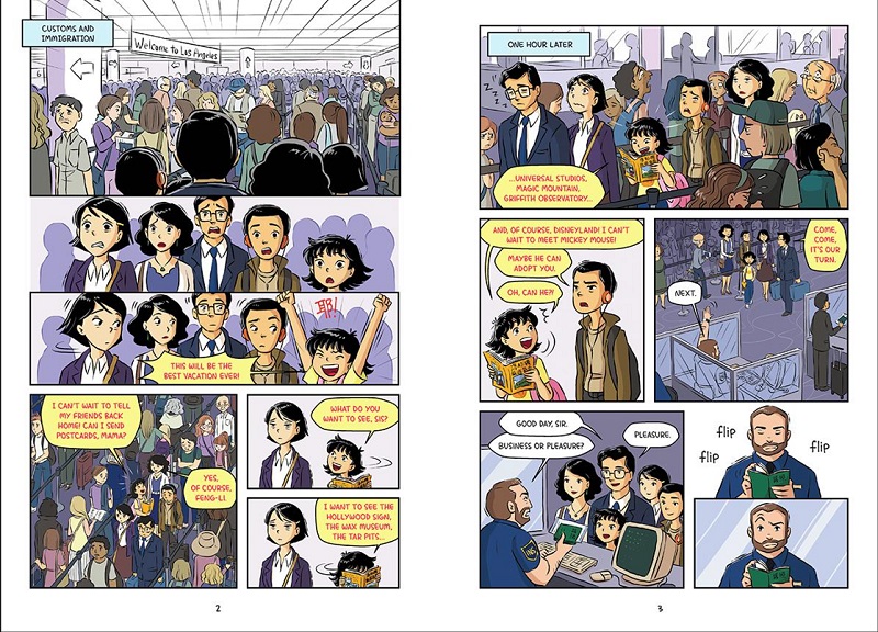An interior spread from Parachute Kids showing a family's arrival in the Los Angeles airport after their flight from Taiwan. The immigration officer seems to find a problem with their visas.