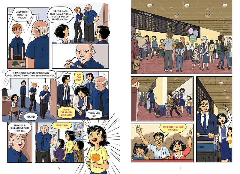 An interior spread from Parachute Kids showing the family successfully passing through customs and moving through the airport to greet family members. 