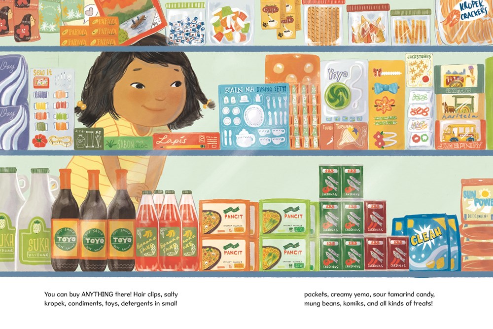 An interior image from Sari-Sari Summers showing a girl inside a Sari-Sari store looking at all of the Filipino products on the shelves.