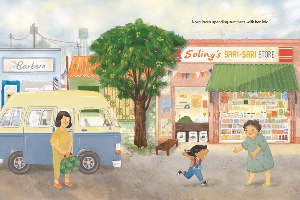 An interior image from Sari-Sari Summers showing a girl running to meet her grandmother outside a Sari-Sari store on a street in the Philippines.