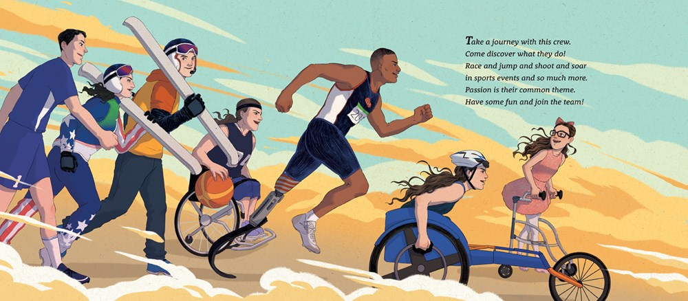 An interior spread from Tenacious, featuring seven disabled athletes in motion representing sports such as basketball, running, biking, and skiing. Several are in wheelchairs.