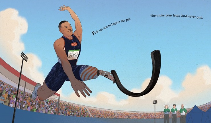 An interior spread from Tenacious showing a runner leaping forward. On one leg, he wears a prosthesis.