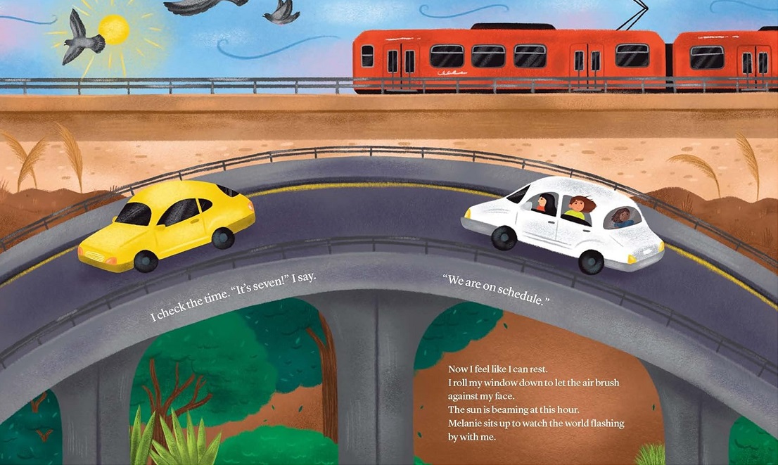 An interior spread from Yenebi's Drive to School showing colorful cars on a curved highway below a bright electric tram above.