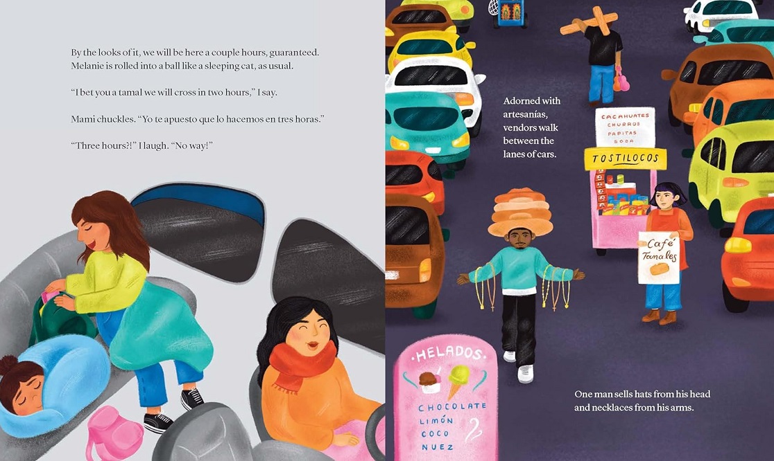 An interior spread from Yenebi's Drive to School showing Yenebi and her sister in the backseat on the left-hand page, while their mother drives. On the righthand page, vendors selling food, hats, and jewelry move among long lines of colorful cars.