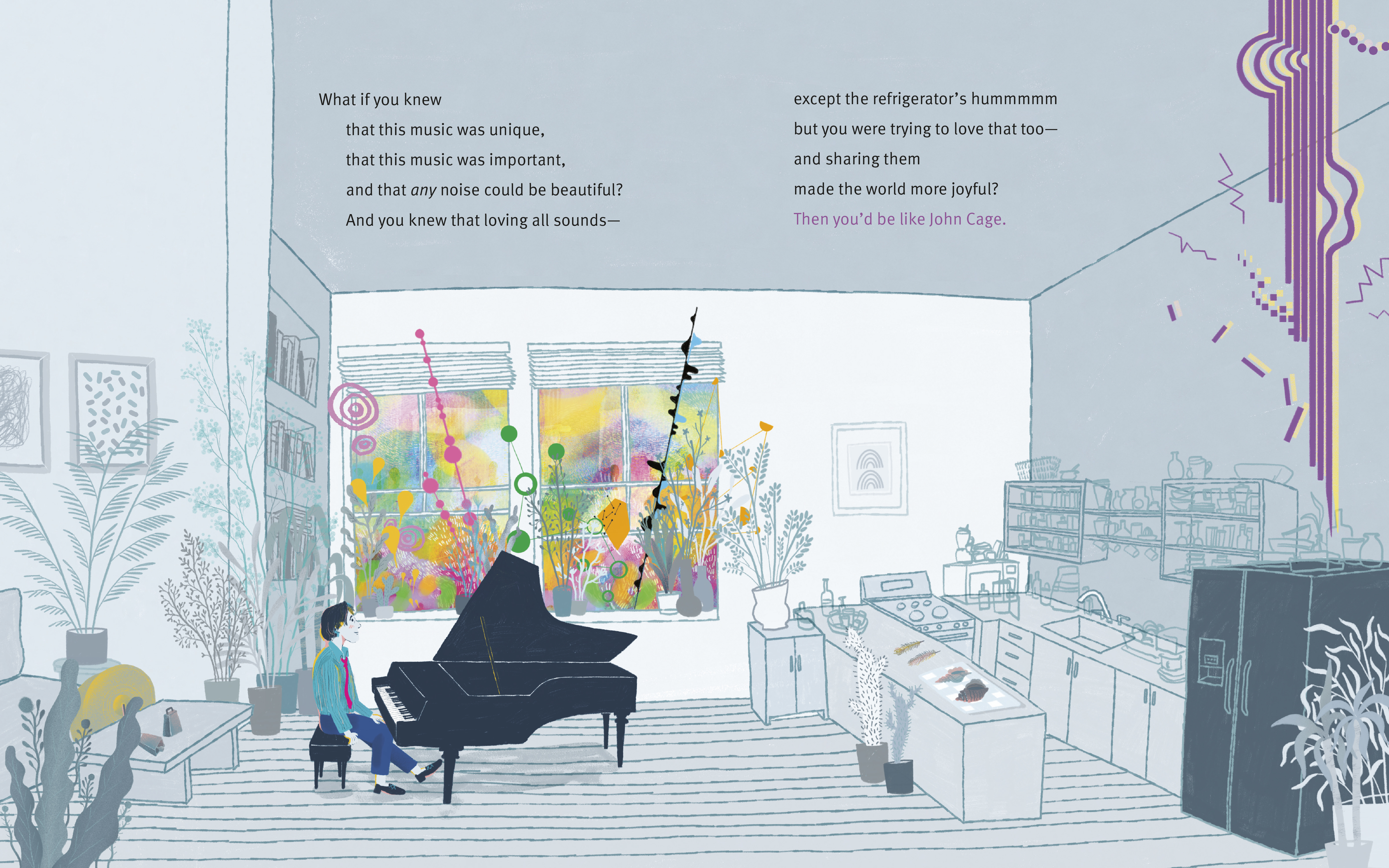 An interior spread from Beautiful Noise featuring a man playing his grand piano. A muted color scheme allows the rest of the room to recede into the background, while bright colors bloom from the piano.