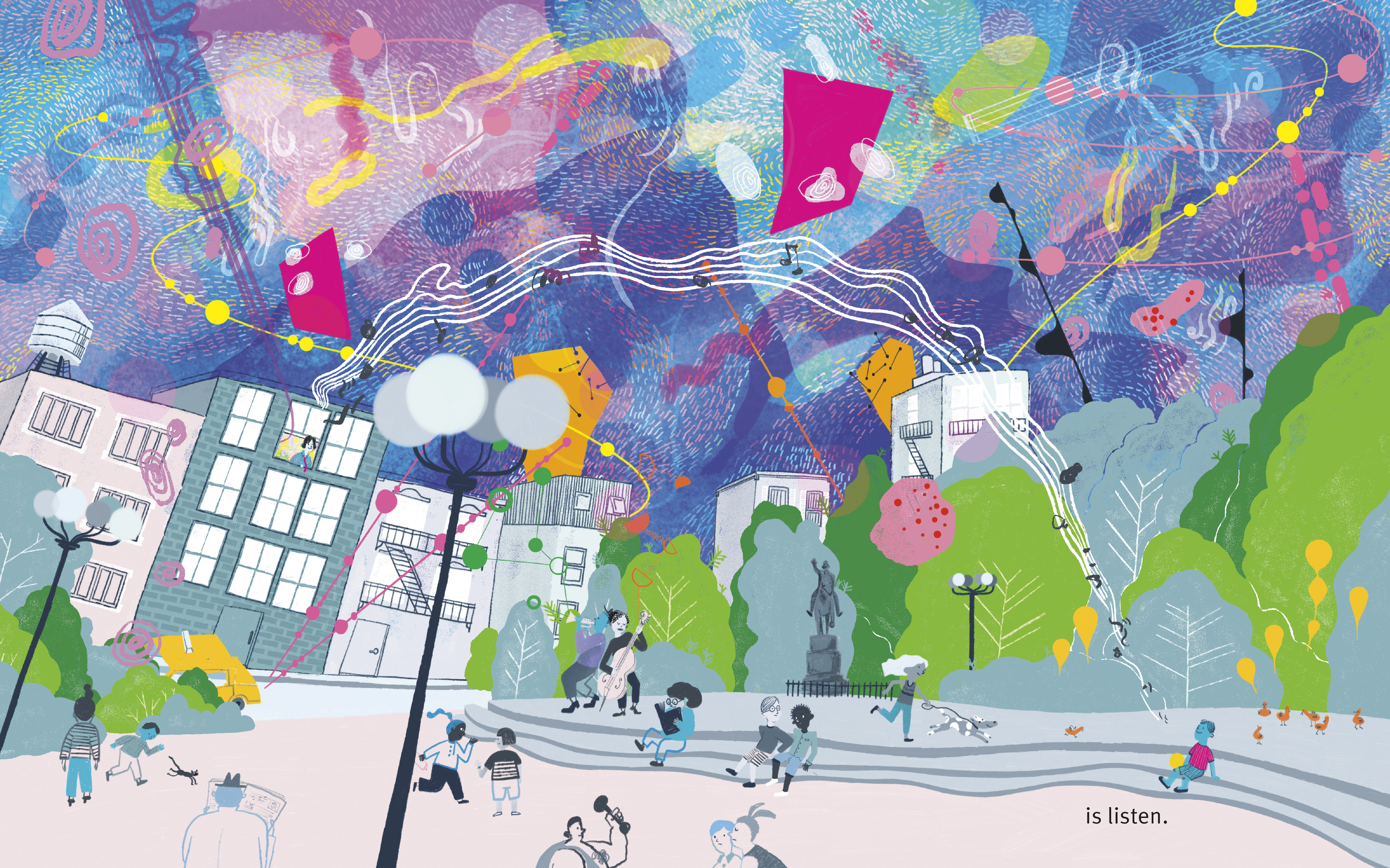 An interior image from Beautiful Noise featuring a city park scene below a vibrantly colored and patterned sky.