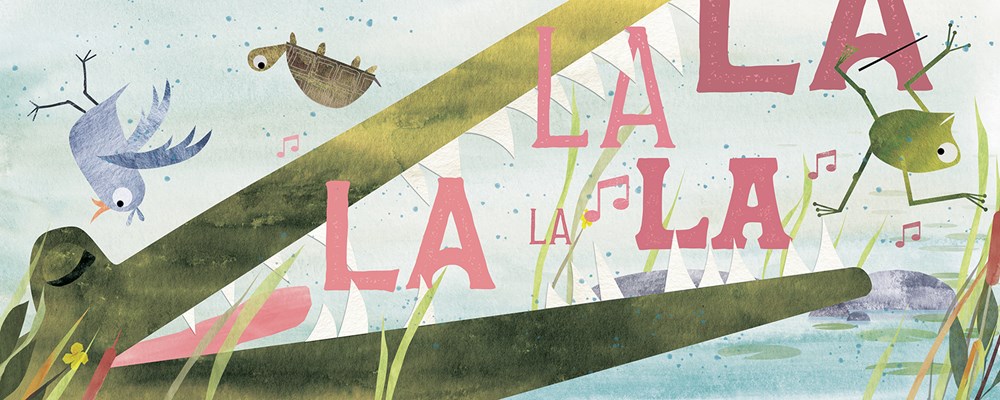 An interior image from Walter Finds His Voice showing Walter singing loudly, while his animal friends are startled by the noise, which is emphasized with the words "La la la," written in large font across the spread.