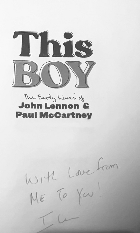 The title page of This Boy, signed by the author, Ilene Cooper, with the Beatles' song lyrics, "With love from me to you!"