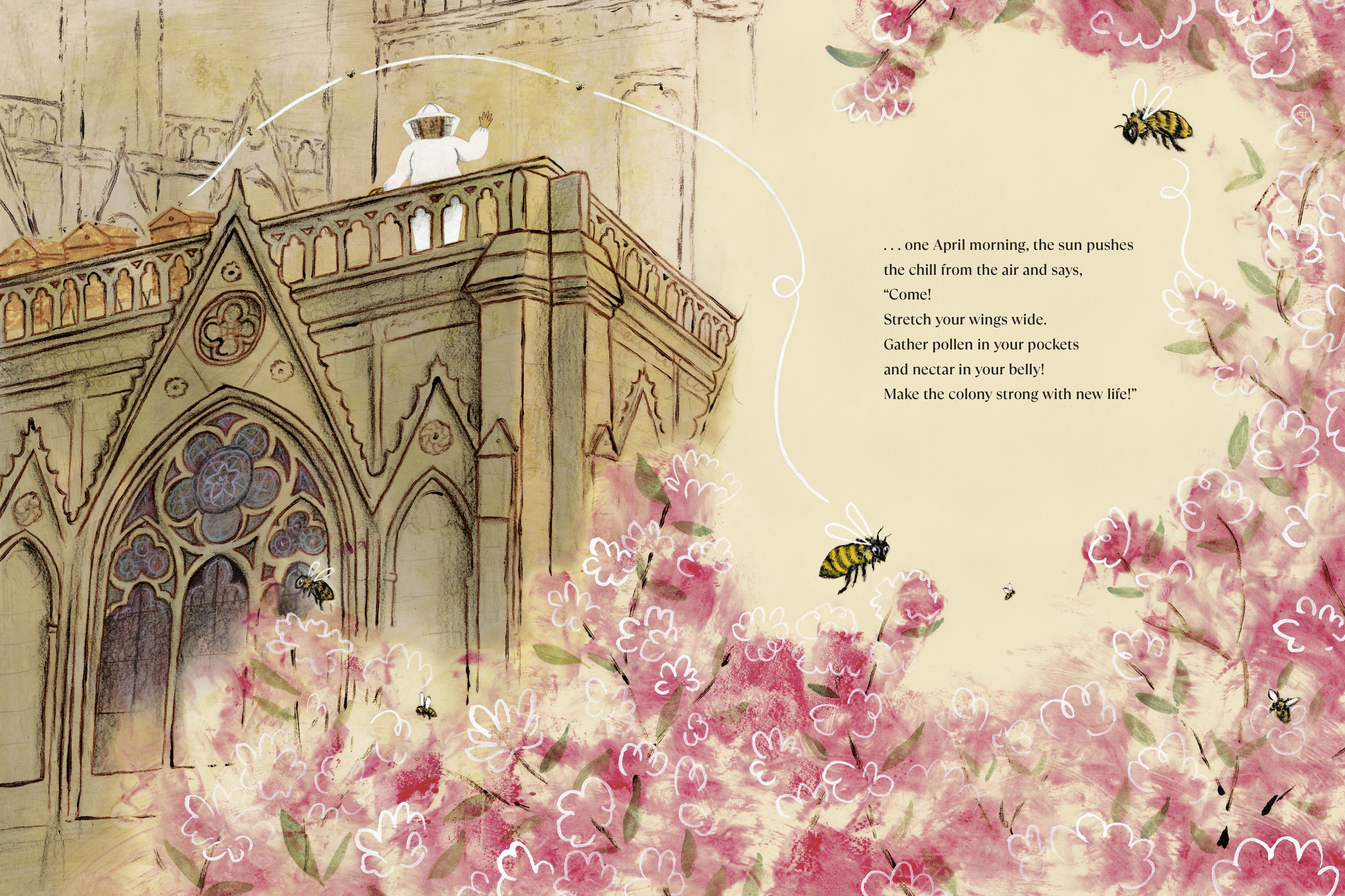 In this interior image from The Bees of Notre Dame, a beekeeper in a protective white suit waves from the roof of Notre Dame, while a few flying bees and pink blossoms frame the text on the righthand page.