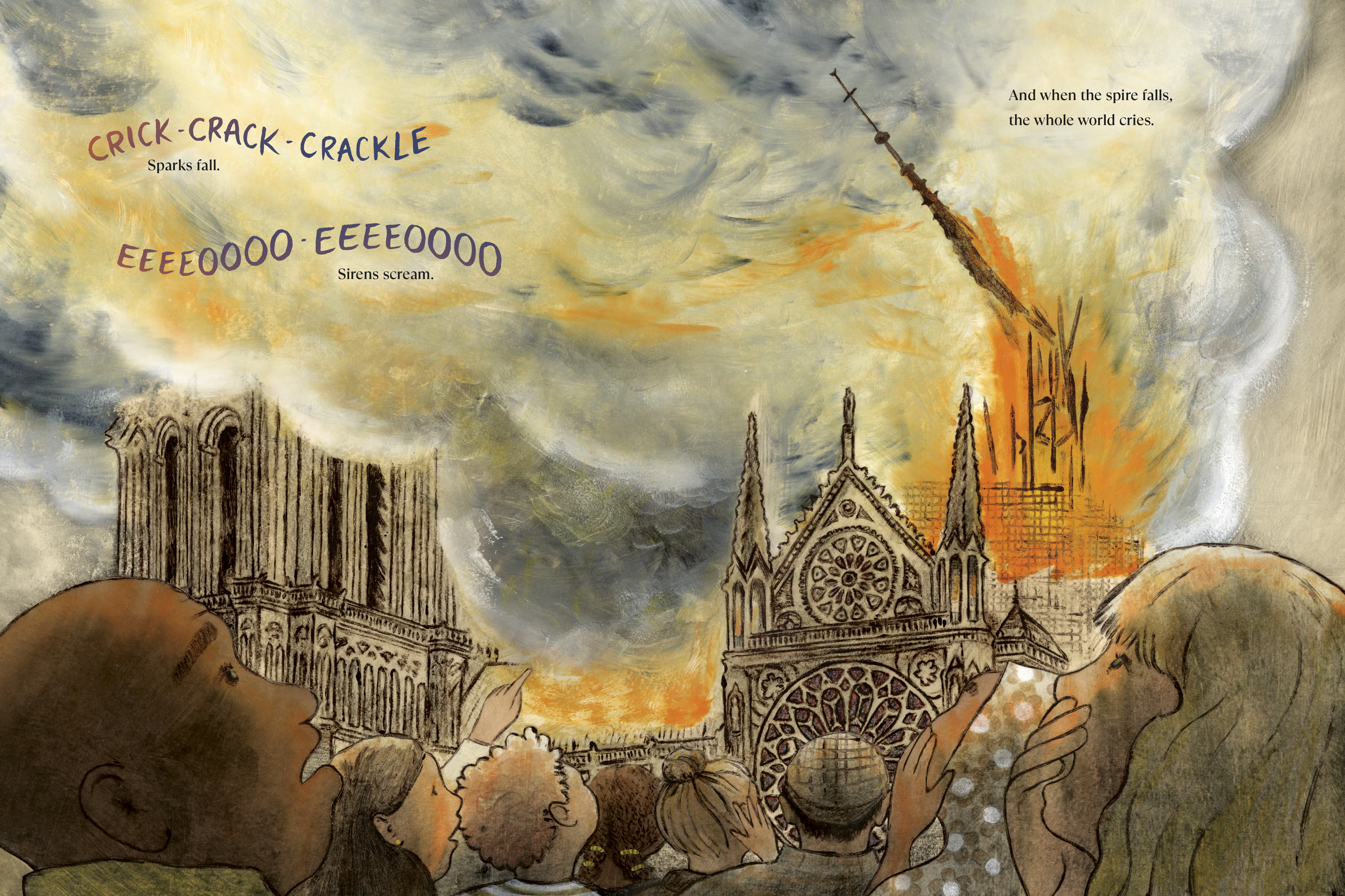In this interior image from The Bees of Notre Dame, a distressed, diverse crowd  watches as the roof of Notre Dame burns in orange flames.