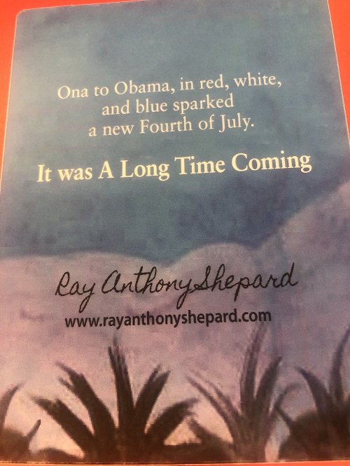 The title page of A Long Time Coming, signed by the author, Ray Anthony Shepard.