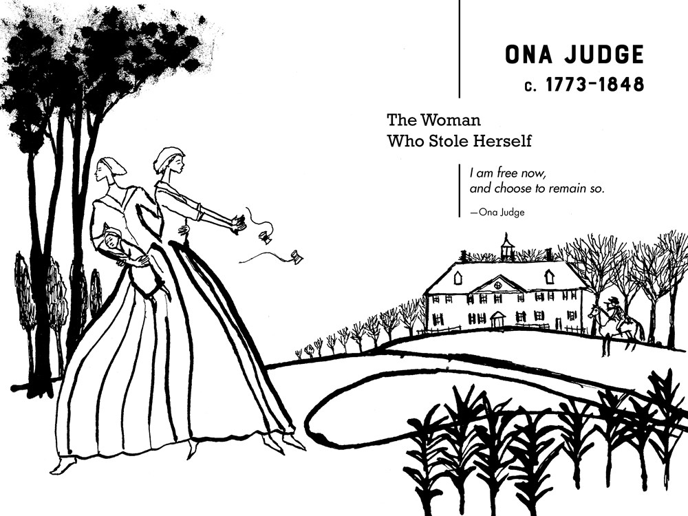 An interior spread from A Long Time Coming showing a stylized black-and-white print of Ona Judge fleeing a plantation with a child in her arms. 
