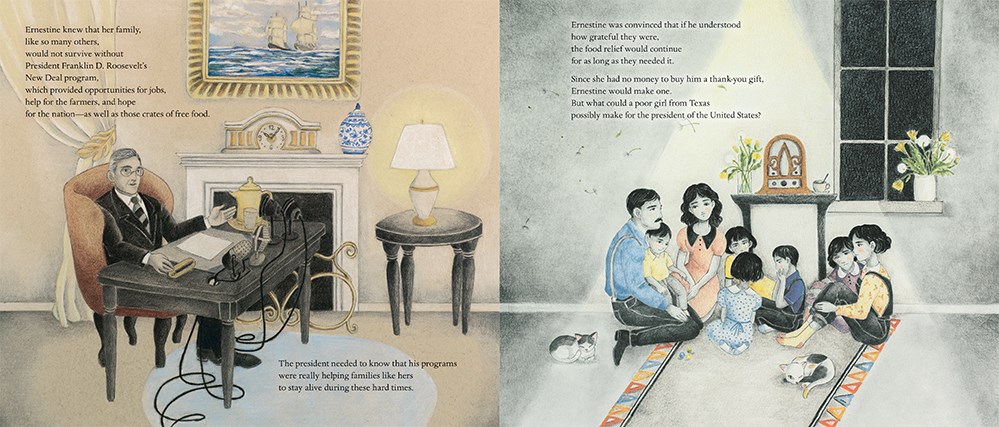 An interior spread from Piece by Piece. On the left-hand side, President Roosevelt sits at his White House desk. On the right-hand page, the young girl's family sits together on a rug, worried about how to find the resources they need during the Depression.