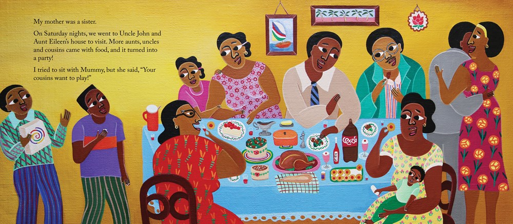 An interior spread from My Mother Was a Nanny showing a large family gathering with a table full of chicken and sweets, a couple dancing, and young cousins who want to play with the narrator.