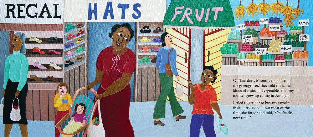 An interior spread from My Mother Was a Nanny showing a Caribbean American mother and her daughter shopping at a fruit market while her mother pushes a stroller with a white child in it.