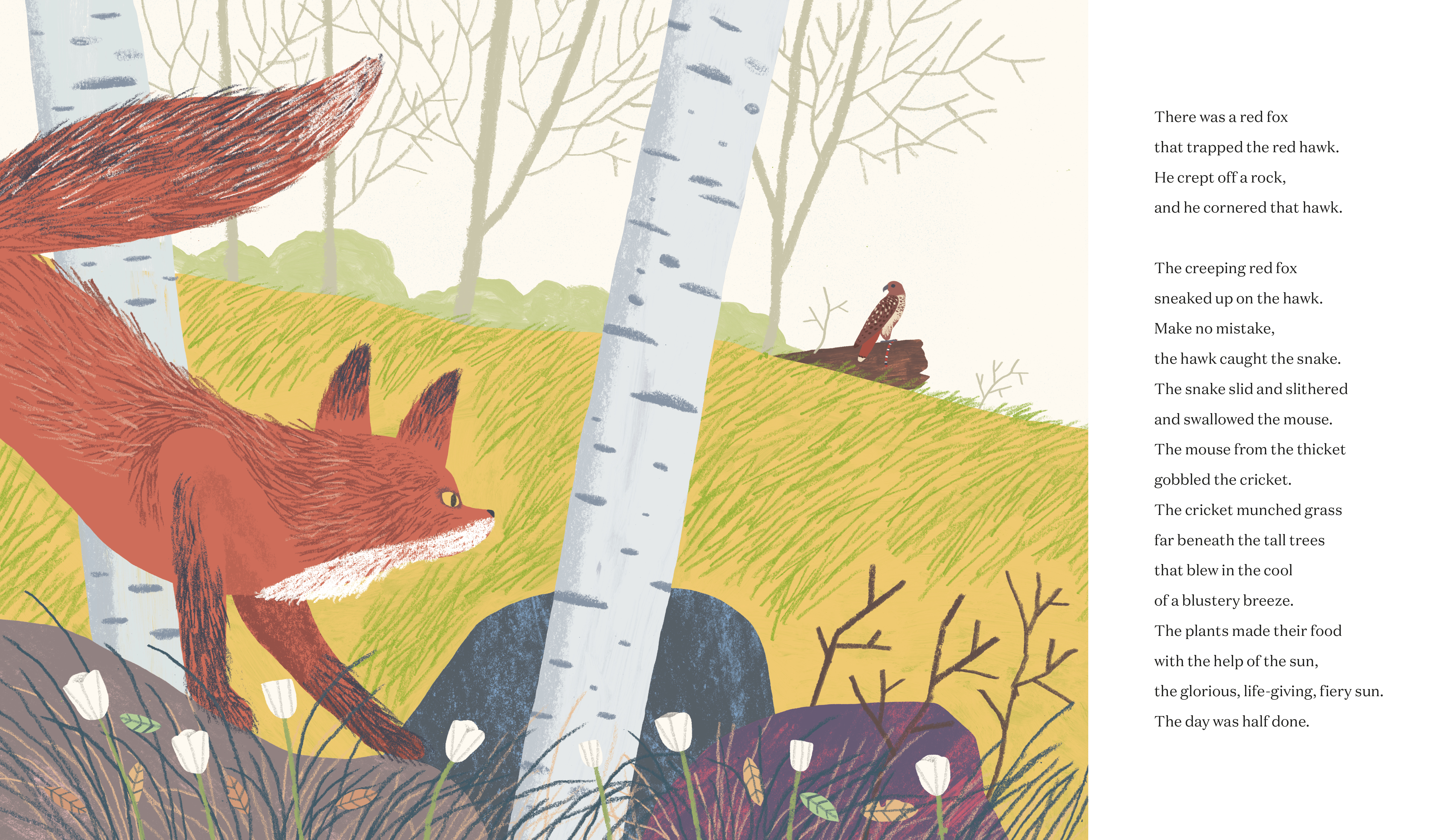 An interior image from Creep, Leap, Crunch showing a red fox in a forest eyeing a hawk perched on a log. 