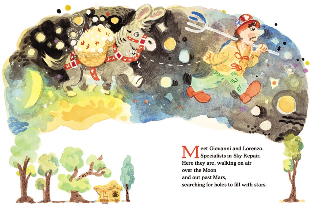 An interior spread from Star Stuff featuring the farmer Giovanni and the donkey Lorenzo walking together across a starlit sky.