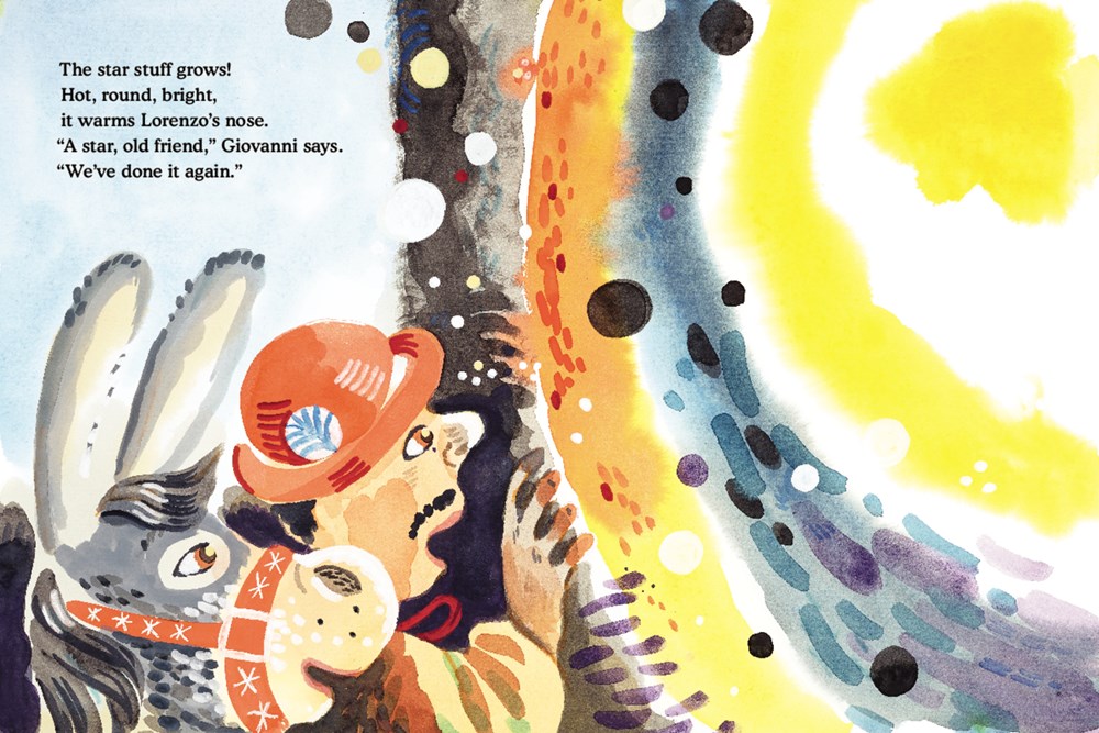 An interior spread from Star Stuff featuring the farmer Giovanni and the donkey Lorenzo gazing out at a dazzling, multicolored swirl of cosmic light.