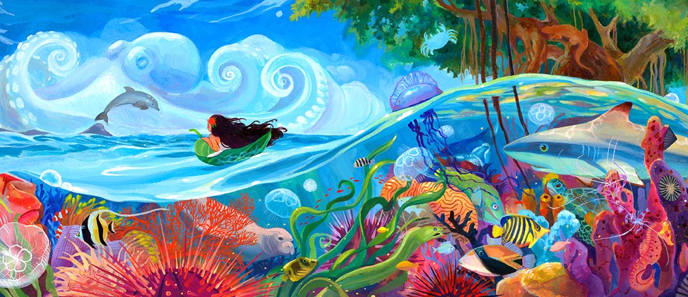 An interior spread from Aloha Everything featuring a vibrant undersea world filled with coral, fish, and other creatures, while above the water line, a girl with long black hair rides a wave. An octopus and other creatures blend into the blue of the sky.
