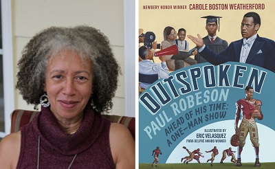 Carole Boston Weatherford and the cover of Outspoken.
