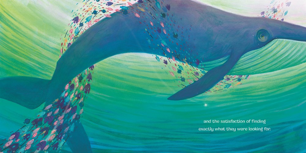 An interior spread from Speck showing a beautiful blue whale swimming in a green ocean while multi-colored fish swim in a ribbon around it. 