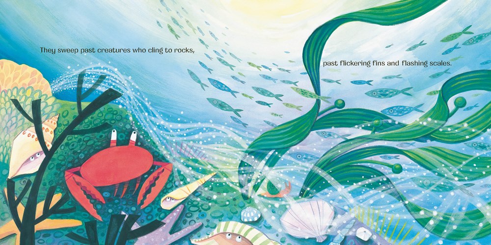An interior spread from Speck, showing an underwater scene with a crab and other shellfish on the lower left while seaweed sways and schools of silvery fish swim by.