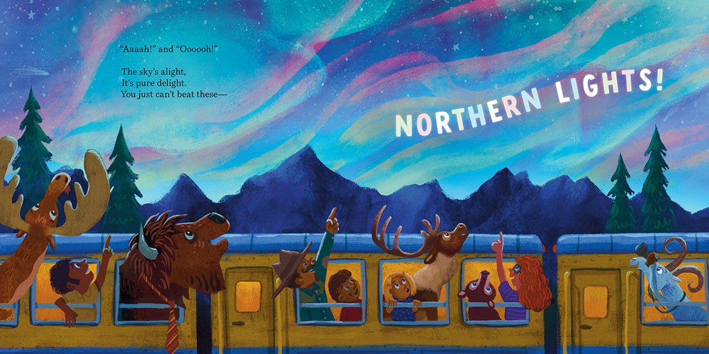 An interior spread from All Aboard the Alaska Train featuring a full train of people and animals leaning out of the windows and pointing to a spectacular sky filled with northern lights.