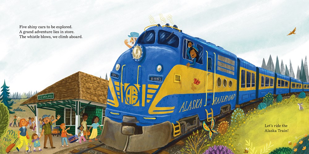 An interior spread from All Aboard the Alaska Train featuring a blue and yellow train driving through a forested landscape with a small crowd waving from a rural depot platform.