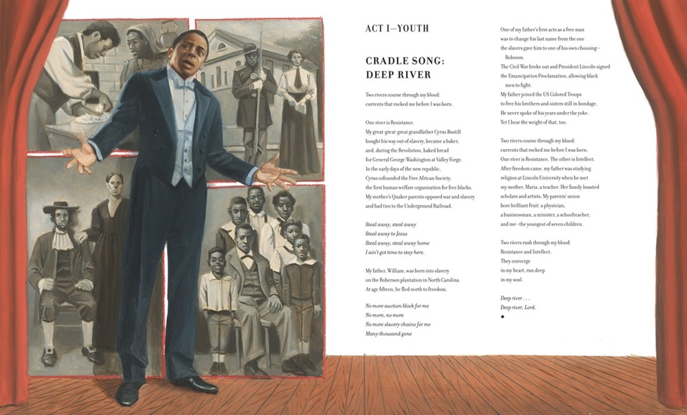 An interior image from Outspoken: Paul Robeson, Ahead of His Time: A One-Man Show showing Paul Robeson in a suit standing on a stage with black-and-white images behind him showing 4 scenes from his early life. A long text poem fills the right-hand page.